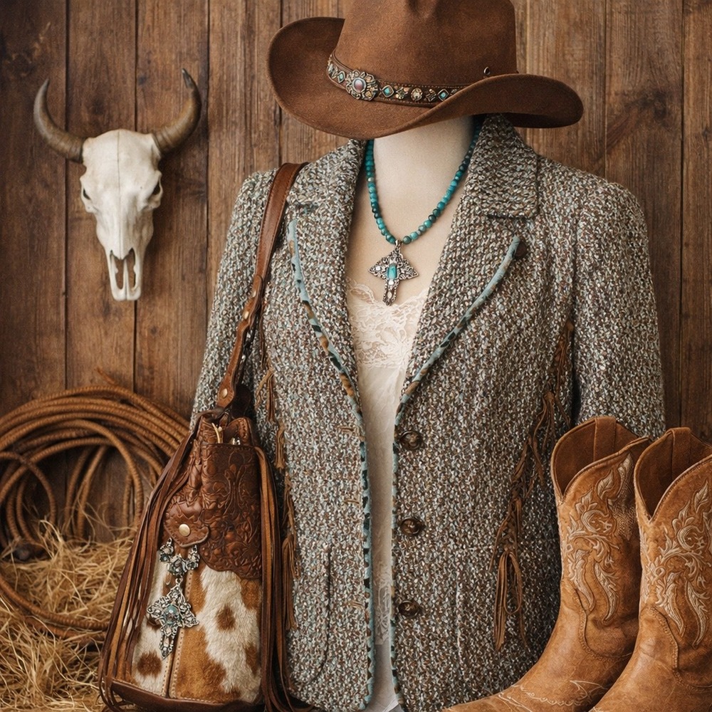 Nancy Bolen City Girl Western Tweed Blazer 14‎ Fringe Lace Up Boho Trendy Chic